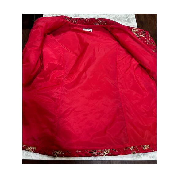 VTG KAKTUS Quilted Floral Red Gold Blk Silk Rayon Jacket 1X Lined Button Front - Picture 6 of 7